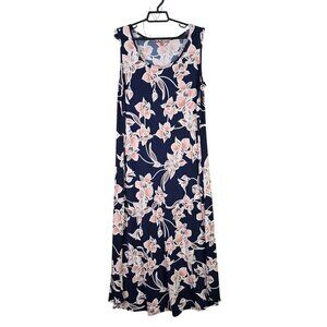 Womens SJS Floral Navy & Pink Sleeveless Midi Dress Polyester Stretch Size L